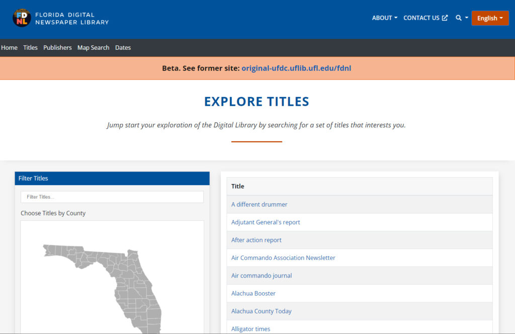 Browse titles by county view for the Florida Digital Newspaper Library